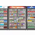 Commercial Glass Door Display Refrigerators Filled With Various Branded Beverage Bottles