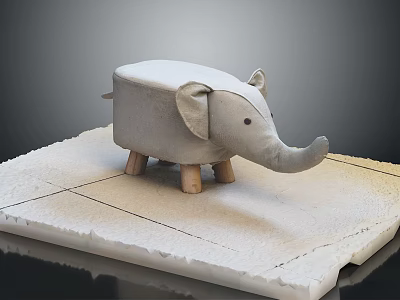 Cute Elephant Shaped Stool With Grey Fabric Upholstery And Wooden Legs 3d model