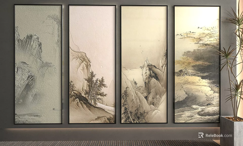 Traditional Chinese Landscape Paintings With Mountains Trees And Rivers In Four Vertical Panels 3d model 