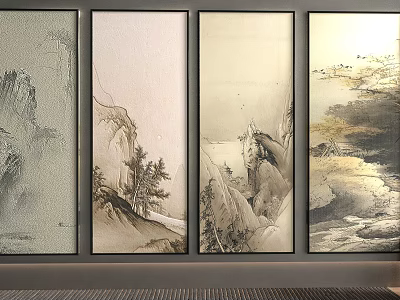 Traditional Chinese Landscape Paintings With Mountains Trees And Rivers In Four Vertical Panels 3d model