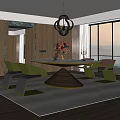 Elegant Restaurant Interior With Round Table Green Chairs Chandelier And Mountain View Through Large Windows