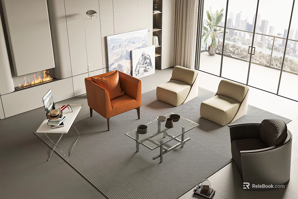 Modern Living Room Sofa Coffee Table Set With Glass Top And Colorful Chairs 3d model 