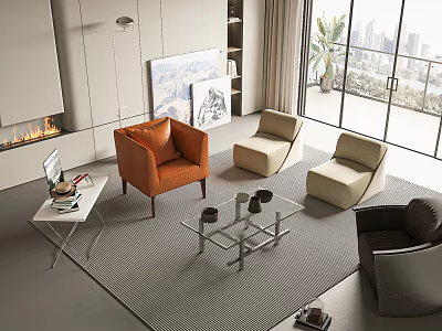 Modern Living Room Sofa Coffee Table Set With Glass Top And Colorful Chairs 3d model