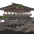Ancient Traditional Architecture With Multi Story Eave Roof Wooden Frame Stone Steps And Carved Railings