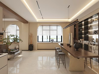 Modern Store Front Desk Interior With Long Wooden Counter High Stools And Bright Windows 3d model