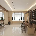 Modern Store Front Desk Interior With Long Wooden Counter High Stools And Bright Windows