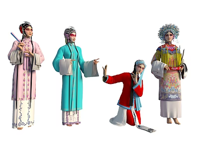 Group of People in Chinese Traditional Opera Costumes with Various Postures and Props 3d model
