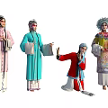 Group of People in Chinese Traditional Opera Costumes with Various Postures and Props
