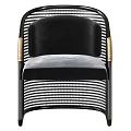 Modern Leisure Chair With Black Metal Frame Golden Armrests Woven Design And Padded Seat