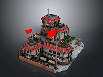 Cartoon Style Fortress Scene With Red Flags Multi Level Tower And Wooden Fence 3d model
