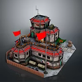 Cartoon Style Fortress Scene With Red Flags Multi Level Tower And Wooden Fence