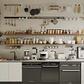 Modern Kitchen Interior With Various Appliances Coffee Maker Blender Oven Dishwasher And Cabinets