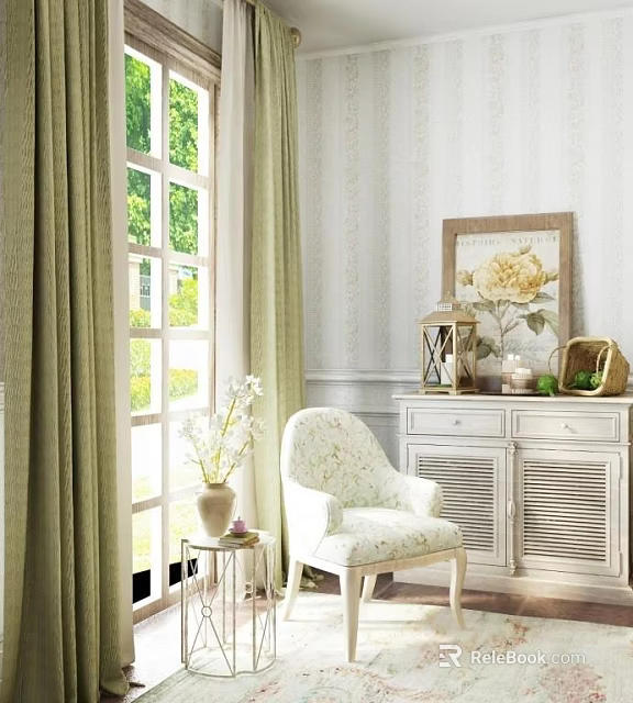 Entryway Console Cabinet With White Chair Window Curtains Painting Lantern Basket And Vase 3d model 