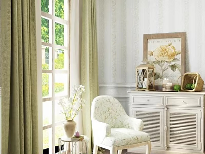 Entryway Console Cabinet With White Chair Window Curtains Painting Lantern Basket And Vase 3d model