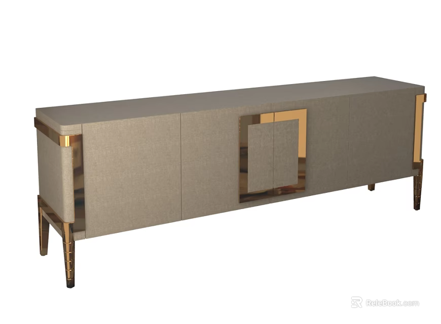 Modern Gray Fabric TV Stand With Gold Metal Accents And Cabinet Doors 3d model 