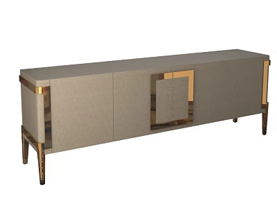 Modern Gray Fabric TV Stand With Gold Metal Accents And Cabinet Doors 3d model