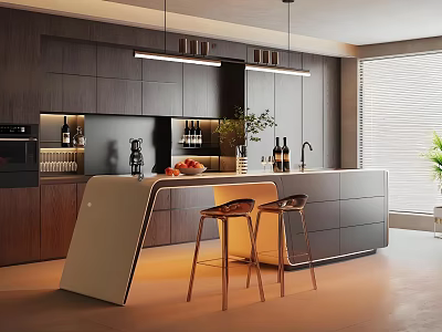 Modern Bar Counter Area With Wooden Cabinets Pendant Lights And Gold Stools Displaying Fruit 3d model