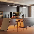 Modern Bar Counter Area With Wooden Cabinets Pendant Lights And Gold Stools Displaying Fruit