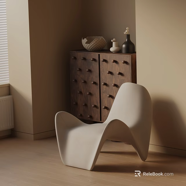 Beige Accent Chair in Modern Living Room Setting with Dark Wooden Cabinet and Decorative Items 3d model 