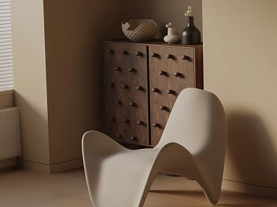 Beige Accent Chair in Modern Living Room Setting with Dark Wooden Cabinet and Decorative Items 3d model