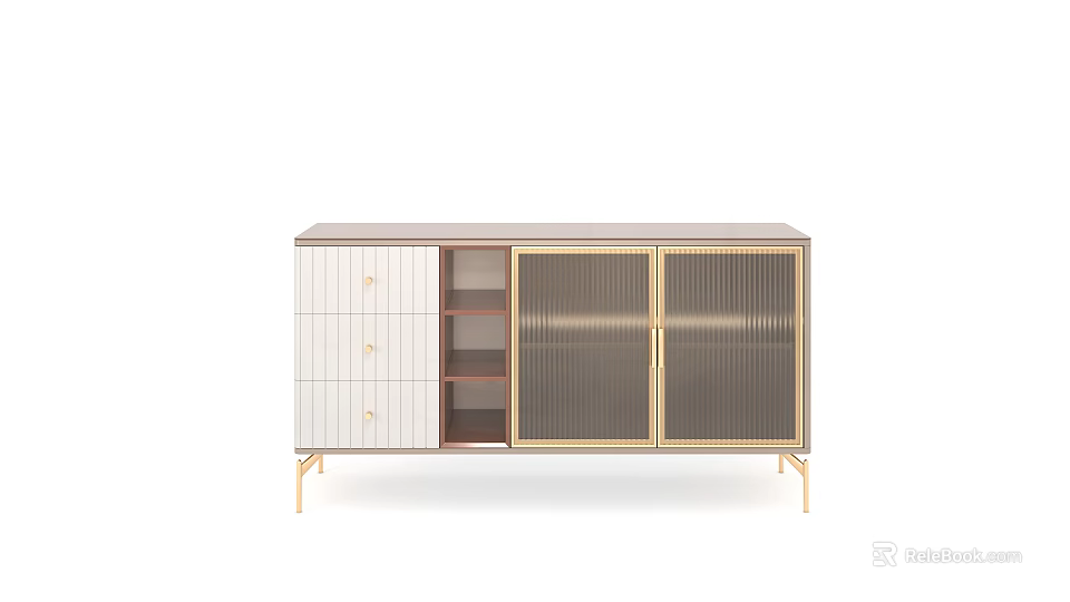 Modern White And Gold Sideboard With Slatted Doors Wooden Drawers And Metal Legs Design 3d model 