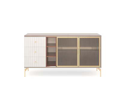 Modern White And Gold Sideboard With Slatted Doors Wooden Drawers And Metal Legs Design 3d model