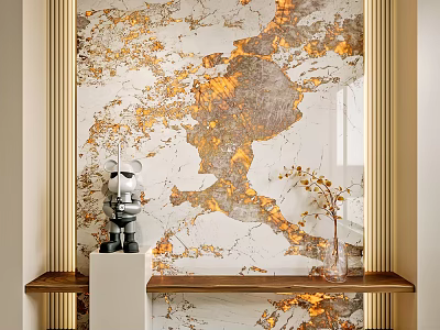 Modern Luxurious Marble Background Wall with Golden Veins and Decorative Sculpture on Wooden Shelf 3d model