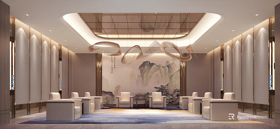 Modern Hotel Public Lounge Interior With Elegant Chandeliers And Chinese Landscape Art 3d model 