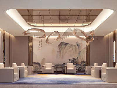 Modern Hotel Public Lounge Interior With Elegant Chandeliers And Chinese Landscape Art 3d model
