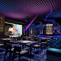 Modern Bar Interior Design With Neon Lights Grid Ceiling Art Decor And Seating 3d model