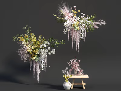 Floral Display With Hanging Arrangements Pink White Yellow Flowers Draping Elements And Wooden Stool Decor 3d model