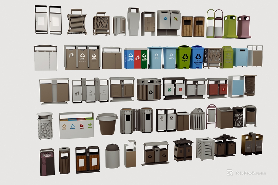 Public Facilities Various Trash Bins With Different Types Designs And Colors 3d model 