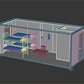 Container Dormitory Interior With Bunk Beds Table Chairs And Fire Extinguisher 3d model