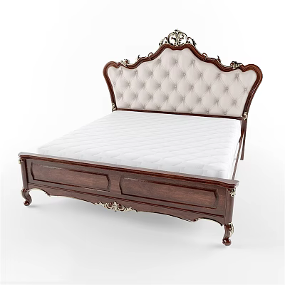 Classic Style Double Bed With Carved Headboard White Tufted Upholstery And Dark Wooden Frame 3d model