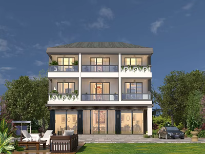 Three Story Modern Style Detached Villa With Balconies Green Plants And Lush Lawn 3d model
