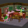 Cartoon Kitchen Scene With Stone Walls Wooden Cabinets Vintage Fridge And Cartoon Characters