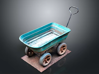 Blue Vintage Wheelbarrow with Four Rustic Wheels on Brown Mat Against Dark Background 3d model