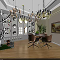 Elegant Decorative Plate Specialty Store Interior With Various Shapes Wall Decor Wooden Flooring And Chandeliers