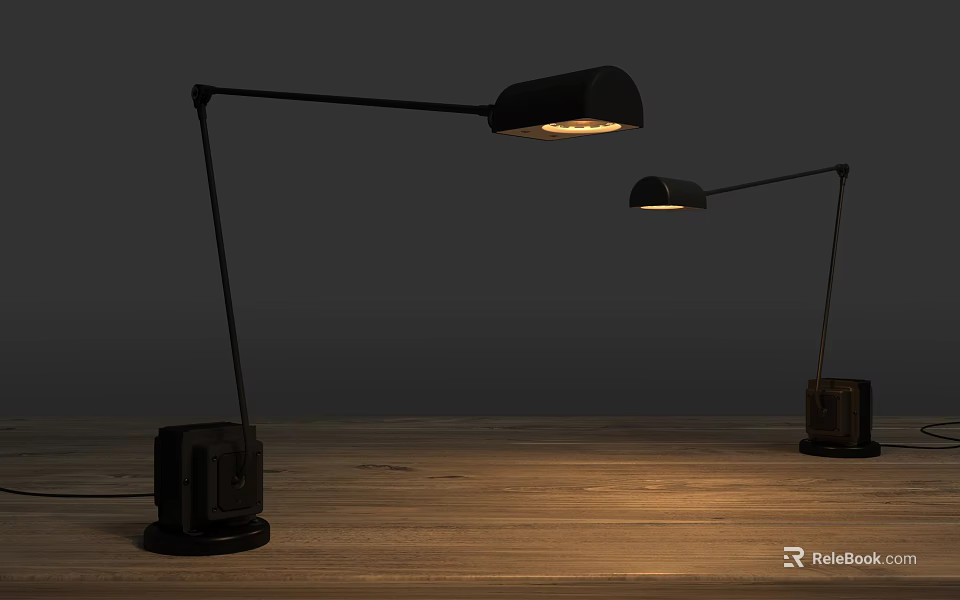 Two Black Adjustable Arm Square Lampshade Wooden Table Lamps with Illuminated Warm Light 3d model 