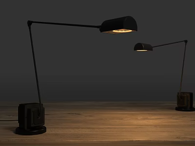 Two Black Adjustable Arm Square Lampshade Wooden Table Lamps with Illuminated Warm Light 3d model