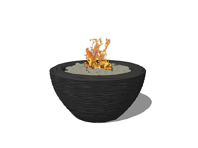 Round Black Textured Fire Pit With Burning Flames And Stone Fill 3d model