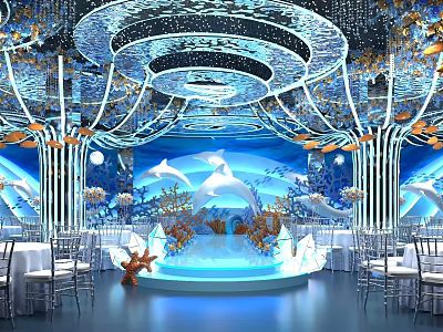 Elegant Ocean Themed Banquet Hall Interior With Dolphin Decor Blue Lighting Ceiling And Tables Setup 3d model