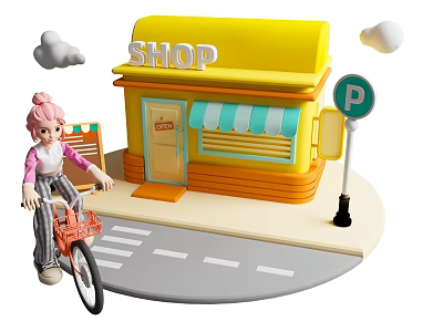Interactive Zone With Yellow Shop Girl Riding Bicycle On Road Parking Sign And Clouds 3d model