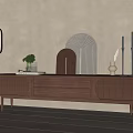 Modern Minimalist Wooden TV Stand With Drawers Curved Decorative Panels And Green Plant
