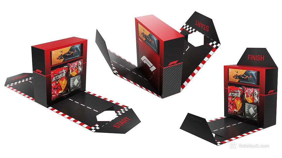 F1 Race Car Toy Set Packaging Box with Checkered Track Design and START Flag 3d model 
