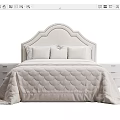 Double Bed With Upholstered Headboard Beige Scallop Pattern Quilt White Pillows And Matching Nightstands