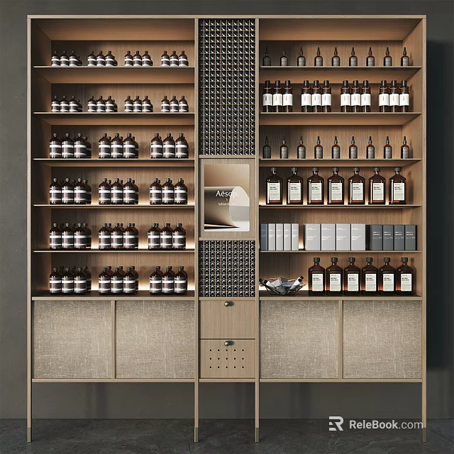 Wooden Display Shelves With Layered Storage For Wine Bottles And Boxed Items 3d model 
