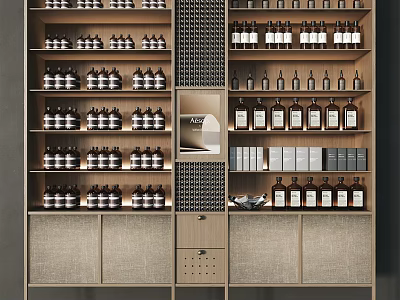 Wooden Display Shelves With Layered Storage For Wine Bottles And Boxed Items 3d model