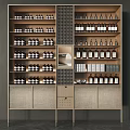 Wooden Display Shelves With Layered Storage For Wine Bottles And Boxed Items