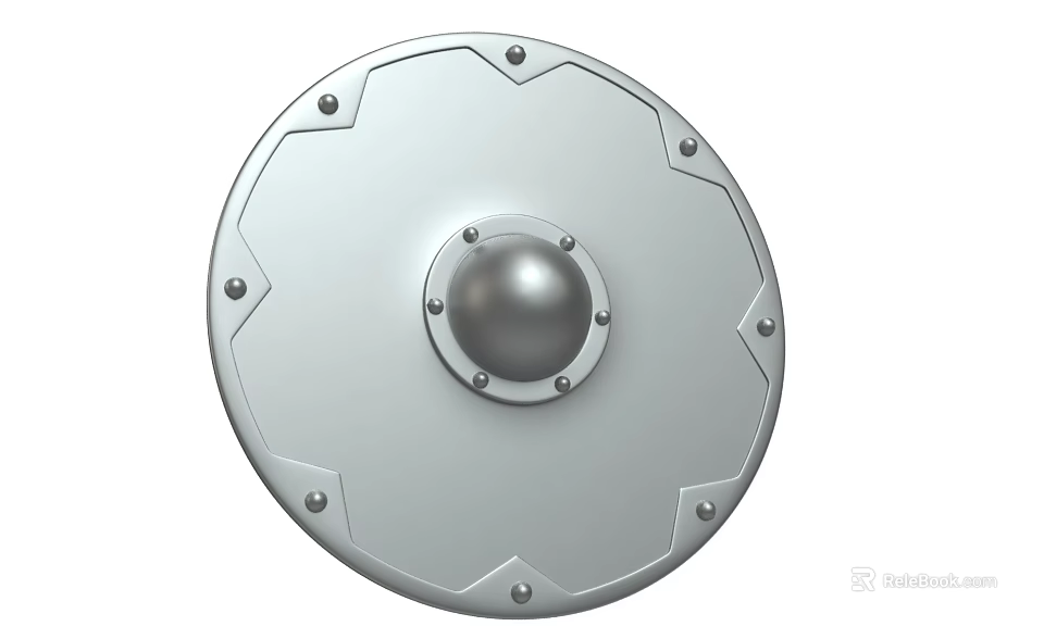 Silver Round Shield With Metal Sphere Center And Riveted Decorative Edges 3d model 